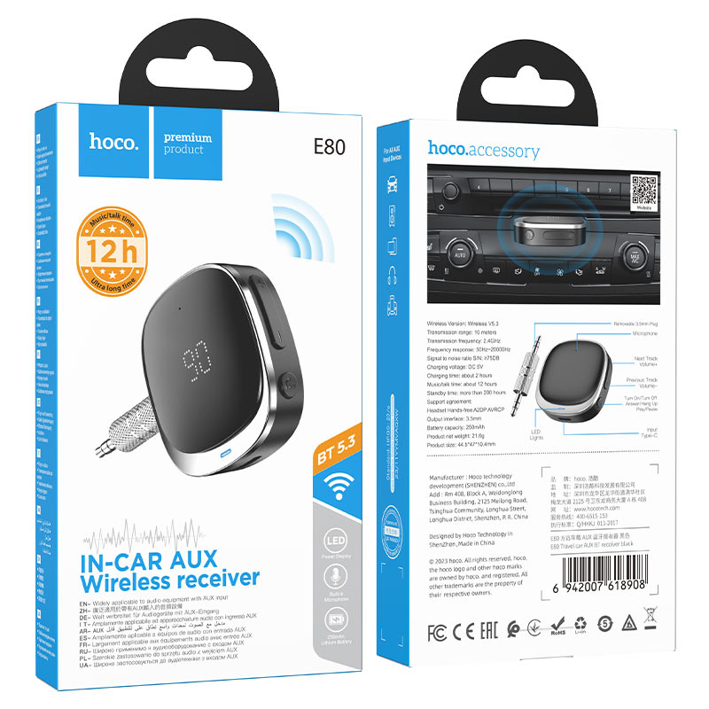 RECEPTOR BLUETOOTH DE AUTO AUX 3,5MM HOCO E80